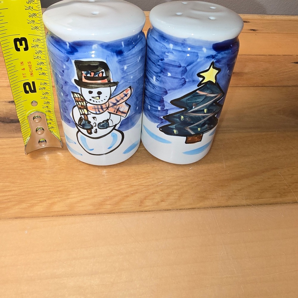 Hand Painted Ceramic Snowman Christmas Tree Salt and Pepper Shakers Set MCM - Picture 6 of 6